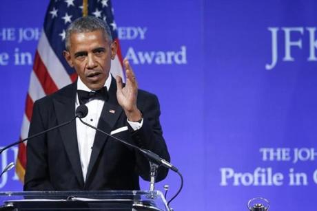 Barack Obama spoke Sunday after receiving the John F. Kennedy Presidential Profile in Courage Award during a ceremony at the Kennedy presidential library.
