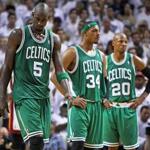 Kevin Garnett, Paul Pierce and Ray Allen on the court together in 2012. 