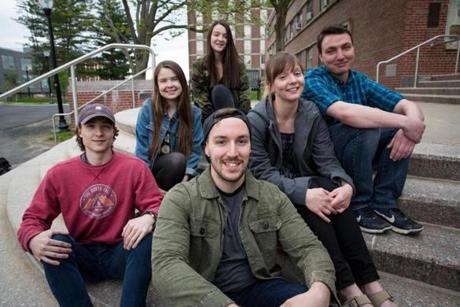 Two sets of triplets who will be graduating from UMASS this weekend, (Back row, L to R) Will, Carson and Mackenzie McGrath of Stoughton and (Bottom row) Nicholas, Elizabeth, and Alexander Lundin of Middleborough, are seen on Campus at UMASS Amherst on Tuesday, May 9, 2017. (Matthew Cavanaugh for The Boston Globe)
