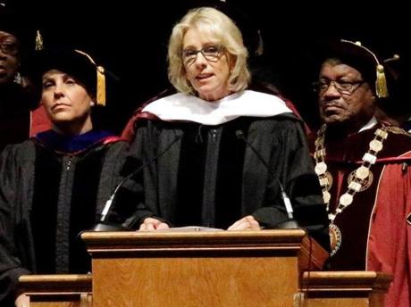 United States Secretary of Education Besty DeVos delivers a commencement speech to graduates at Bethune-Cookman University, Wednesday, May 10, 2017, in Daytona Beach, Fla. (AP Photo/John Raoux)

