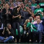 Boston, MA May 10, 2017: Patriots head coach Bill Belichick (right) was enjoying himself as he acknowledges the applause when he is shown on the scorebaord in the fourth. Celtic owner Wyc Grousbeck and Patriots owner Robert Kraft are at left. The Boston Celtics hosted the Washington Wizards in Game Five of their NBA Eastern Conference semi final playoff series at the TD Garden. (Globe Staff Photo/Jim Davis) 