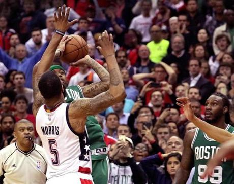 Washington, D.C. - 5/12/2017 - (4th quarter) Boston Celtics guard Isaiah Thomas (4) put up a desperation three point attempt but the shot did not fall as time ran out and the Washington Wizards took a 92-91 win in Game 6. The Washington Wizards host the Boston Celtics in Game 6 of the Eastern Conference Semi-Finals at the Verizon Center in Washington, D.C. - (Barry Chin/Globe Staff), Section: Sports, Reporter: Adam Himmelsbach, Topic: 13Celtics-Wizards, LOID: 8.3.2455943579.
