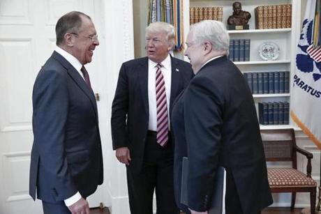 President Trump met with Russian foreign minister Sergey Lavrov (left) and the Russian ambassador to the US, Sergei Kislyak, at the White House last week. 
