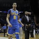 UCLA guard Lonzo Ball (2) leaves the court after UCLA lost to Kentucky in an NCAA college basketball tournament South Regional semifinal game Friday, March 24, 2017, in Memphis, Tenn. (AP Photo/Mark Humphrey)