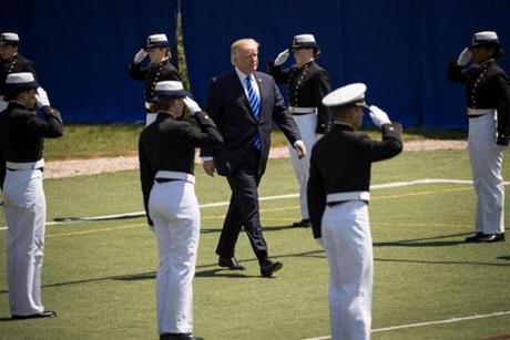 NEW LONDON, CT - MAY 17: President Donald Trump arrives at the commencement ceremony at the U.S. Coast Guard Academy, May 17, 2017 in New London, Connecticut. This is President Trump's second commencement address since taking office and comes amid controversy after his firing of FBI Director James Comey. (Photo by Drew Angerer/Getty Images)
