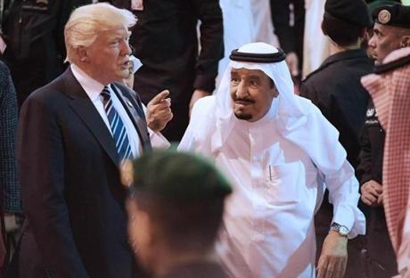 President Donald Trump and Saudi Arabia's King Salman bin Abdulaziz al-Saud take part in a welcome ceremony ahead of a banquet at Murabba Palace in Riyadh on Saturday.
