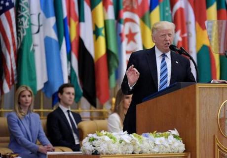 US President Donald Trump speaks during the Arabic Islamic American Summit at the King Abdulaziz Conference Center in Riyadh on May 21, 2017. Trump tells Muslim leaders he brings message of 'friendship, hope and love' / AFP PHOTO / MANDEL NGANMANDEL NGAN/AFP/Getty Images
