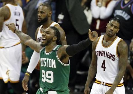 LeBron James (left) and Iman Shumpert of the Cavaliers weren?t too excited after the final buzzer went off. Celtics forward Jae Crowder, however, was.
