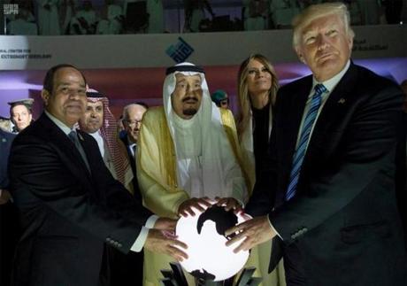 In this Sunday, May 21, 2017 photo released by the Saudi Press Agency, from left to right, Egyptian President Abdel Fattah al-Sissi, Saudi King Salman, U.S. First Lady Melania Trump and President Donald Trump, visit a new Global Center for Combating Extremist Ideology, in Riyadh, Saudi Arabia. (Saudi Press Agency via AP)
