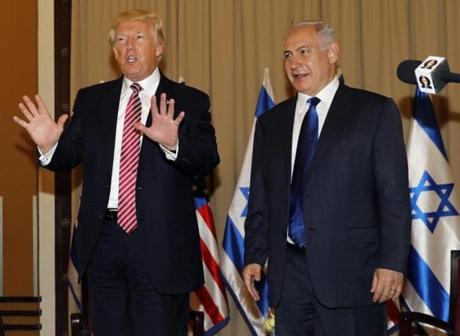 Israel's Prime Minister Benjamin Netanyahu (R) and US President Donald Trump speak with the press in Jerusalem on May 22, 2017. / AFP PHOTO / MENAHEM KAHANAMENAHEM KAHANA/AFP/Getty Images
