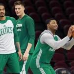 Cleveland, OH May 22, 2017: Celtics (left to right) Gerald Green, Jonas Jerebko and Marcus Smart were working on their three point shot together after practice. The Boston Celtics held a workout in preparation for Game Four of their NBA Eastern Conference Finals playoff series vs. the Cleveland Cavaliers at the Quicken Loans Arena. (Globe Staff Photo/Jim Davis)