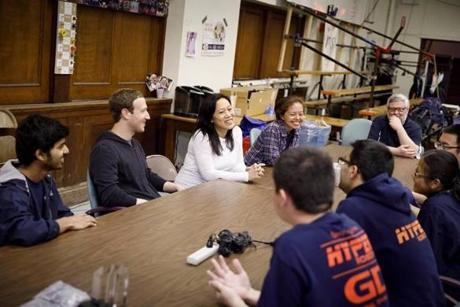 Mark Zuckerberg and his wife, Dr. Priscilla Chan, meet with students at Chan's alma mater Quincy High School.
