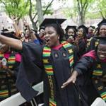 Graduates celebrated Tuesday at Harvard?s first universitywide commencement ceremony for black students. 