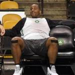 Boston-6/12/2010- During practice for game 5 of the NBA finals at TD BankNorth Garden, with the Celtics and the Lakers, Celtics Glen Davis sits waiting for the start of practice. Boston Globe staff photo by John Tlumacki (sports) Library Tag 06132010 Sports