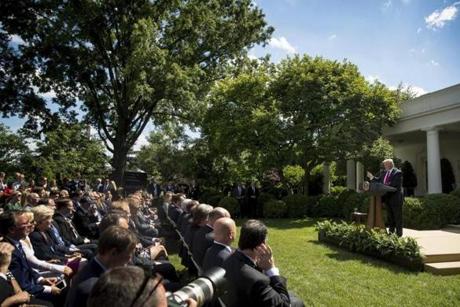 President Donald Trump speaks about the U.S. role in the Paris climate change accord, Thursday, June 1, 2017, in the Rose Garden of the White House in Washington. (AP Photo/Andrew Harnik)
