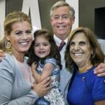 Among the guests at launch of the Pete Frates Home Health Initiative were (from left) Frates?s wife, Julie, daughter, Lucy, and his parents John and Nancy Frates.