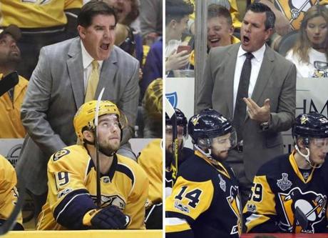 FILE - In this April 30, 2017 file photo, Nashville Predators head coach Peter Laviolette argues a call during the first period in Game 3 of a second-round NHL hockey playoff series against the St. Louis Blues in Nashville, Tenn. The Stanley Cup has been handed out 89 times to the champion of the NHL since 1927. For the first time, two American coaches will face off in the final as the Nashville Predators' Peter Laviolette goes up against the Pittsburgh Penguins' Mike Sullivan. It's just the seventh time the Cup will be won by a U.S.-born coach. (AP Photo/Mark Humphrey)
