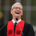 MIT president L. Rafael Reif (left) chatted with Tim Cook during the procession Friday.