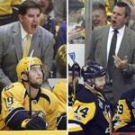 FILE - In this April 30, 2017 file photo, Nashville Predators head coach Peter Laviolette argues a call during the first period in Game 3 of a second-round NHL hockey playoff series against the St. Louis Blues in Nashville, Tenn. The Stanley Cup has been handed out 89 times to the champion of the NHL since 1927. For the first time, two American coaches will face off in the final as the Nashville Predators' Peter Laviolette goes up against the Pittsburgh Penguins' Mike Sullivan. It's just the seventh time the Cup will be won by a U.S.-born coach. (AP Photo/Mark Humphrey)