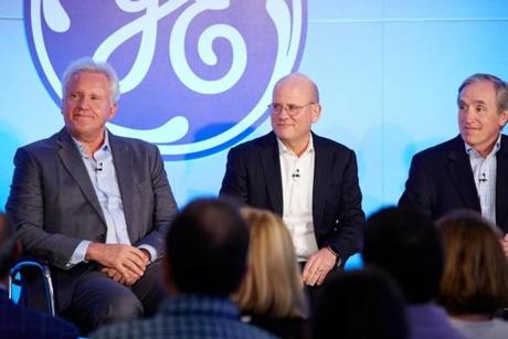 Outgoing General Electric CEO Jeff Immelt (left), successor John Flannery, and Jack Brennan, the lead independent director of the GE board, at a press conference on Monday.
