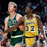 LOS ANGELES - JANUARY 1: Larry Bird #33 of the Boston Celtics waits for a rebound against Magic Johnson of the Los Angeles Lakers at The Great Western Forum on January 1, 1986 in Los Angeles, California. NOTE TO USER: User expressly acknowledges and agrees that, by downloading and/or using this Photograph, User is consenting to the terms and conditions of the Getty Images License Agreement. Mandatory copyright notice and Credit: Copyright 2001 NBAE (Photo By: Andrew D. Bernstein/NBAE/Getty Images) Library Tag 06052008 Sidekick Calendar Edition