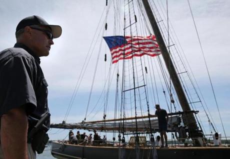 Salem, MA- June 14, 2017: Harbor Master Bill McHugh, left, watches as the Pride of Baltimore II docks in Salem Harbor in Salem, MA on June 14, 2017. The Grand Parade of Sail, will be one of the highlights of Sail Boston 2017, which runs from June 17 Ñ 22. It will be the largest fleet of tall ships in Boston Harbor since the year 2000, according to event organizers. (CRAIG F. WALKER/GLOBE STAFF) section: metro reporter: (Pride of Baltimore II is a reproduction of an 1812-era topsail schooner privateer. She is owned and operated by the 501(c)(3) non-profit organization Pride of Baltimore, Inc. Continuation of Pride II's mission is contingent on private funding.) 
