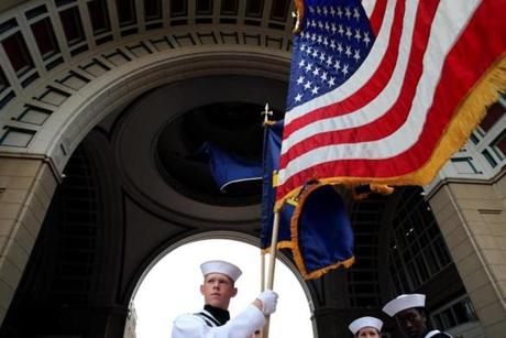 Boston, MA- June 16, 2017: SN Lance Taylor of the U. S. Constitution Color Guard prepares for the Opening Ceremony of Sail Boston at the Boston Harbor Hotel Rotunda in Boston, MA on June 16, 2017. Sail Boston is a six-day celebration of Boston?s maritime history, but the main event will be the Grand Parade of Sail, starting at 9 a.m. Saturday. With road closings, scarce parking, and an expected 2 million people over the course of the event, things are bound to get hectic. (CRAIG F. WALKER/GLOBE STAFF) section: metro reporter: 
