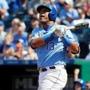 KANSAS CITY, MO - JUNE 21: Salvador Perez #13 of the Kansas City Royals hits a grand slam home run during the 8th inning of the game against the Boston Red Sox at Kauffman Stadium on June 21, 2017 in Kansas City, Missouri. (Photo by Jamie Squire/Getty Images)