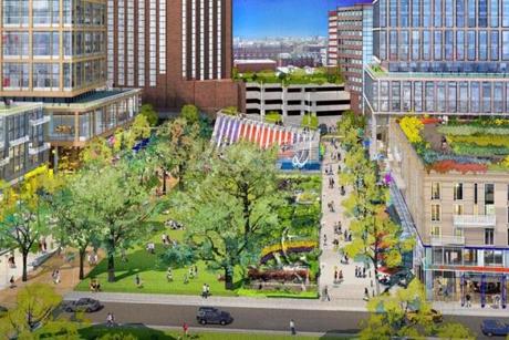 A planned extension of Broad Canal Way into the Volpe Site in Kendall Square. MIT Tuesday filed zoning plans for the 14-acre site, which will include up to 1,400 units of housing, office and lab space and street-level retail.
