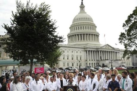Health care providers had a news conference about the Republican health care bill outside the US Capitol on Thursday in Washington. 

