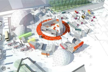 Rendering of HubWeek installation at City Hall. The HUB is being designed and developed in collaboration with award-winning design firm, CBT, and will feature more than 60 shipping containers, dozens of art installations, and 4 geodesic domesÐone of which will be taller than the Green Monster itself. (Hub Week)
