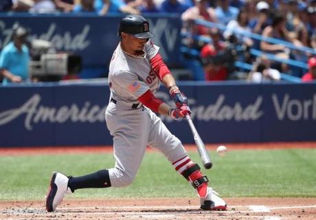 TORONTO, ON - JULY 2: Mookie Betts #50 of the Boston Red Sox hits an RBI single in the second inning during MLB game action against the Toronto Blue Jays at Rogers Centre on July 2, 2017 in Toronto, Canada. (Photo by Tom Szczerbowski/Getty Images)
