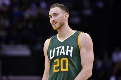 Utah Jazz forward Gordon Hayward (20) stands on the court during a break in play in the first half of an NBA basketball game Sunday, Jan. 8, 2017, in Memphis, Tenn. (AP Photo/Brandon Dill)

