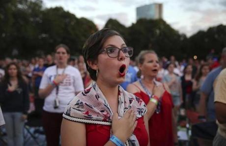 SLIDER. Boston, MA- July 04, 2017: Megan Schinker of Stow, OH, sings the National Anthem during the Boston Pops Fireworks Spectacular in Boston, MA on July 4, 2017. (CRAIG F. WALKER/GLOBE STAFF) section: metro reporter:
