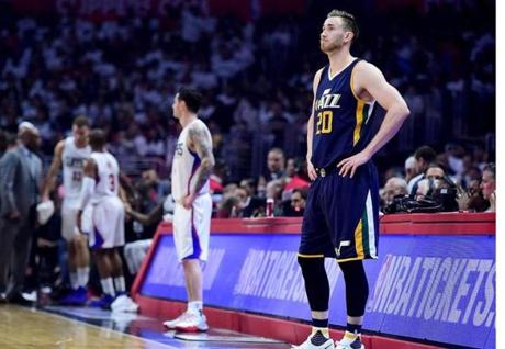 LOS ANGELES, CA - APRIL 18: Gordon Hayward #20 of the Utah Jazz waits for play to resume trailing the LA Clippers during the first half in Game Two of the Western Conference Quarterfinals during the 2017 NBA Playoffs at Staples Center on April 18, 2017 in Los Angeles, California. NOTE TO USER: User expressly acknowledges and agrees that, by downloading and or using this photograph, User is consenting to the terms and conditions of the Getty Images License Agreement. (Photo by Harry How/Getty Images)
