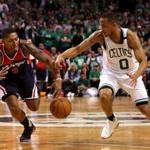 Boston, MA - 5/15/2017 - (4th quarter) Boston Celtics guard Avery Bradley (0) strips the ball from Washington Wizards guard Bradley Beal (3) for a turnover during the fourth quarter. The Boston Celtics host the Washington Wizards in Game 7 of the Eastern Conference Semi-Finals at TD Garden. - (Barry Chin/Globe Staff), Section: Sports, Reporter: Adam Himmelsbach, Topic: 16Celtics-Wizards, LOID: 8.3.2508922496.