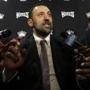 Retired Sacramento Kings center Vlade Divac, of Serbia, talks with reporters before the Kings played the Atlanta Hawks in NBA basketball game in Sacramento, Calif., Monday, March 16, 2015. Divac has recently been named the Kings Vice President of Basketball and Franchise Operations.(AP Photo/Rich Pedroncelli)