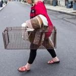 Carole Pollastrone with a cat trap in Chelsea, where she often catches strays. 