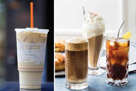 From left: Greek-style iced coffee (frappe), German-style iced coffee (eiskaffee), and Portuguese-style iced coffee with lemon (mazagran).
