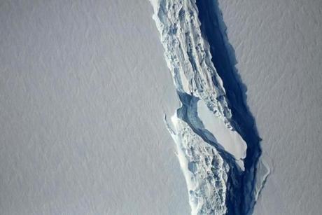 An aerial view of the Larsen C ice rift in Antarctica. 
