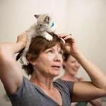 Kim Beatty of Starkville, Miss., places a cat on top of her head during Cats and Mats where people performed yoga with kittens and cats for stress relief and fun in Starkville.