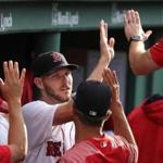 Boston, MA - 7/15/2017 - (8th inning) Boston Red Sox starting pitcher Chris Sale is congratulated in the Sox dugout after leaving with a 1 run lead. The Boston Red Sox host the New York Yankees in the second of a three game series at Fenway Park. - (Barry Chin/Globe Staff), Section: Sports, Reporter: Peter Abraham, Topic: 16Red Sox-Yankees, LOID: 8.3.3086296395.