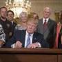 epa06093615 US President Donald J. Trump (C) signs a presidential proclamation beside US Vice President Mike Pence (2-R) and product representatives; during a showcase of products made in the United States, in the East Room of the White House in Washington, DC, USA, 17 July 2017. US President Donald J. Trump participated at the White House in a showcase of products 'Made in America', which featured 50 products from the 50 states of the nation. Trump signed a presidential proclamation in the East Room making 17 July 'Made in America' Day and this week, 'Made in America' week. EPA/MICHAEL REYNOLDS
