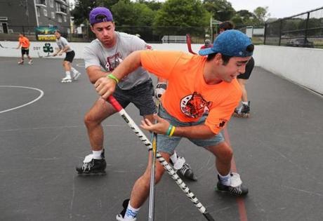 Sam Dantuono (left) and Zach Sullivan fought for a loose ball during the Dot Pot tournament.
