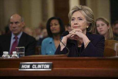 Former Secretary of State Hillary Rodham Clinton prepared to testify before the House Select Committee on Benghazi on Capitol Hill in 2015. 
