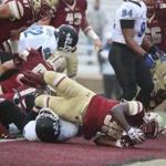 Chestnut Hill MA 10/1/16 Boston College Eagles Richard Wilson scores a rushing touchdown against the Buffalo Bulls during second half action at Alumni Stadium on Saturday October 1, 2016. (Photo by Matthew J. Lee/Globe staff) 