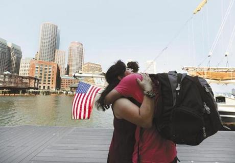 Ana Contreras greeted son Antonio Tello after his return to land from the Boston Day and Evening Academy?s three weeks at sea.
