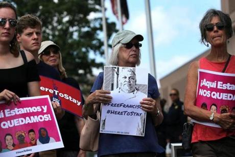 Boston, MA - 8/03/2017 - Supporters gather at rally at South Bay immigration detention center in support of MIT janitor Fransisco Rodriguez. - (Barry Chin/Globe Staff), Section: Metro, Reporter: Correspondent, Topic: 04rodriguez, LOID: 8.3.3312803167.
