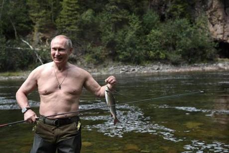 Russian President Vladimir Putin fishes in the remote Tuva region in southern Siberia. 
