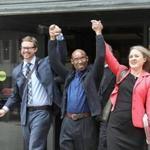 Frederick Clay walked out of the Suffolk Superior Courthouse a free man, after 38 years in prison. He is flanked by defense attorneys Jeffrey Harris and Lisa Kavanaugh.